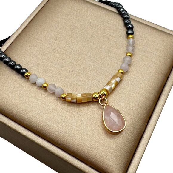 NWT Rose Quartz Teardrop Pendant Beaded Necklace 18K Plated Black Onyx Hematite - Picture 5 of 9